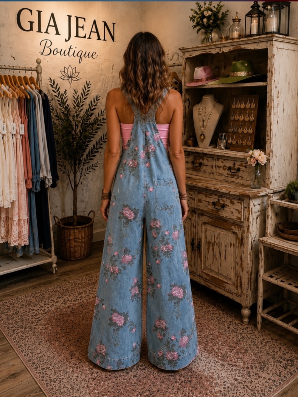 Floral Denim Wide-Leg Overalls - Pink Floral - Picture 2 of 5